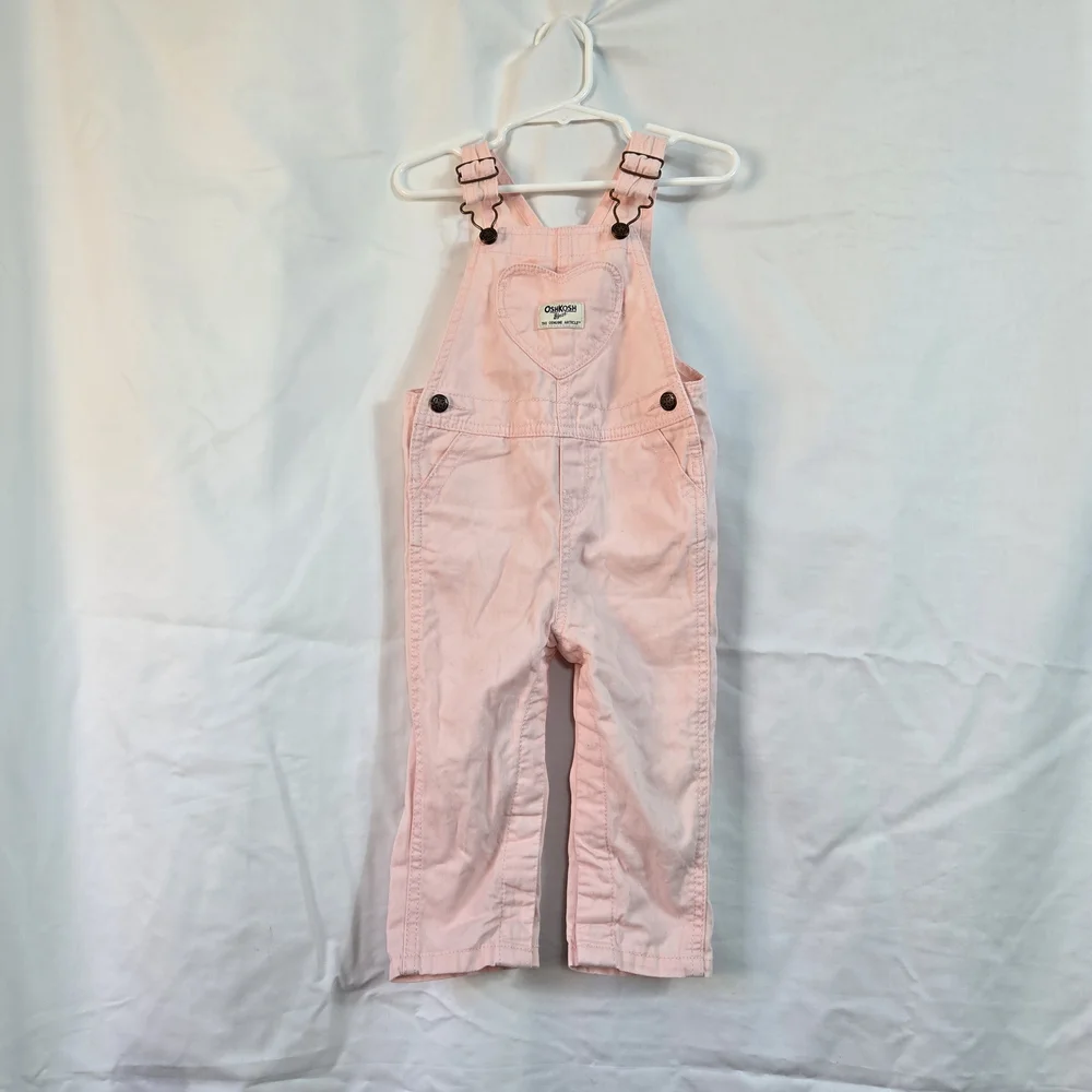 OshKosh B'gosh Baby Girl Light‎ Pink Heart Pocket Adjustable Straps Overalls 18M
